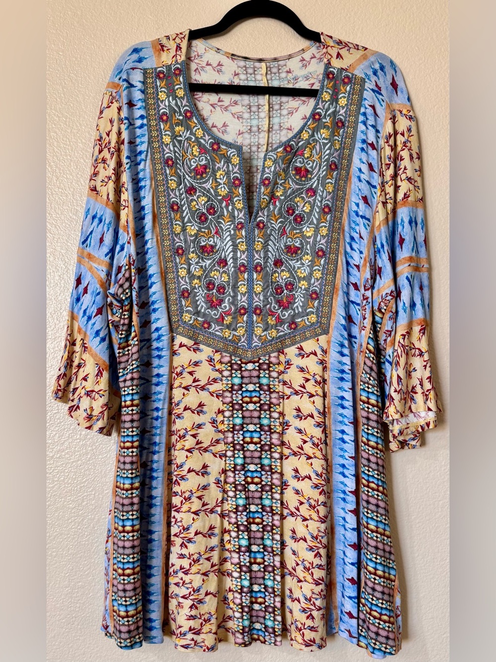 Soft Surroundings Embroidered Mixed Print Boho Tunic Top Jersey Blue 3X